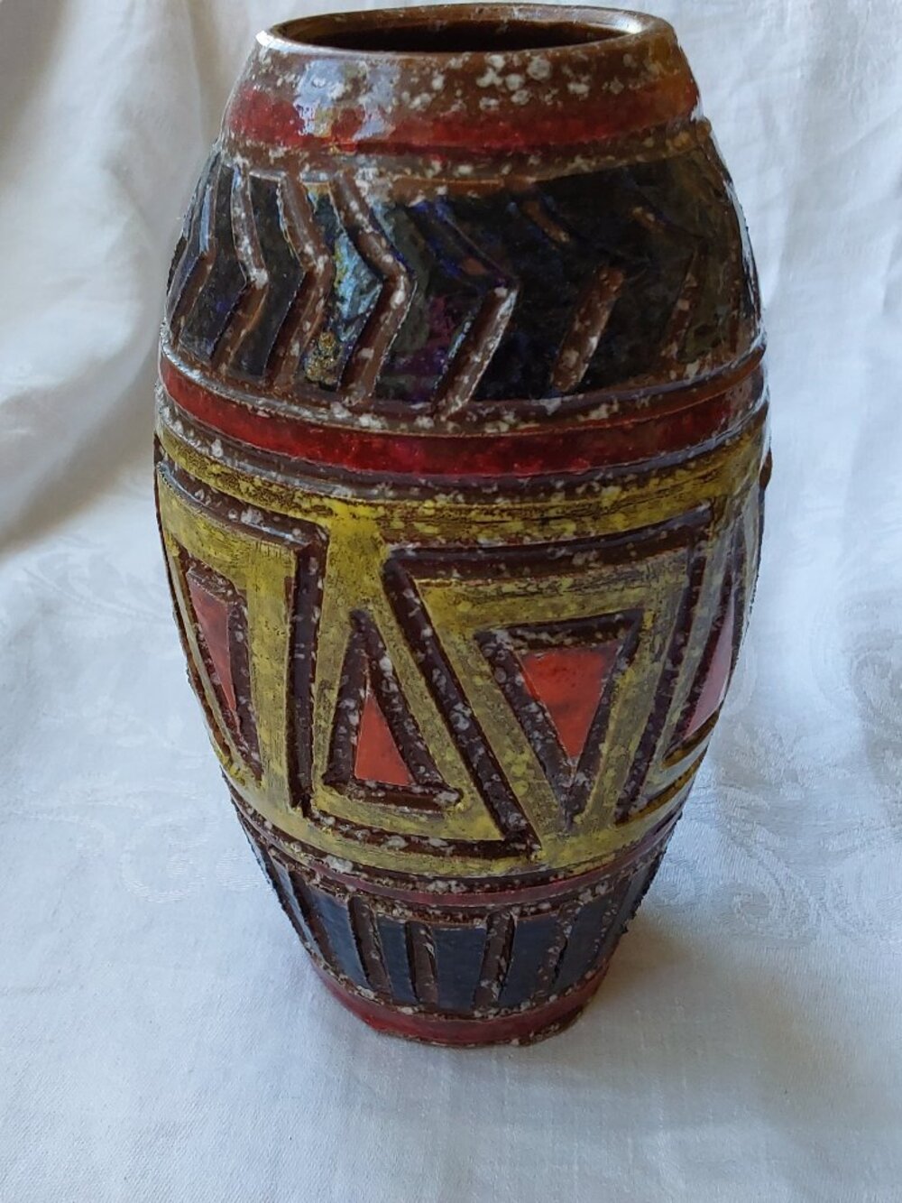 Vintage 1970s Italian ceramic vase with sgraffito brown yellow orange
